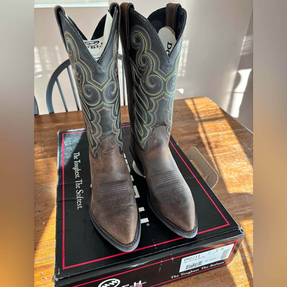 Double H Women's Brown Leather  Multicolor Embroidered Western Cowgirl Boots 7.5